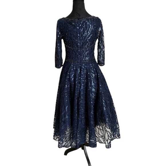 MAC DUGGAL HIGH NECK ABOVE ELBOW SLEEVE EMBELLISHED ALINE NAVY MIDI DRESS 4 - Picture 8 of 14